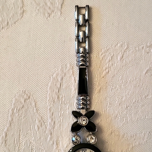 Floral Silver-tone & Black Enamel Watch with Sparkling Crystals! - Picture 6 of 14